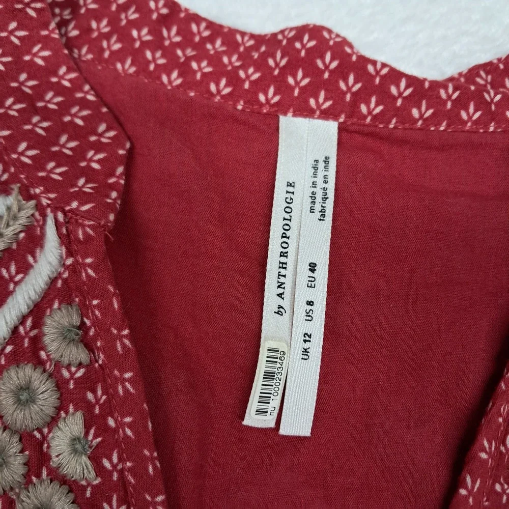 Anthropologie Keira Embroidered Peplum Women's 8 Red Long Sleeve V Neck Boho - Picture 3 of 12